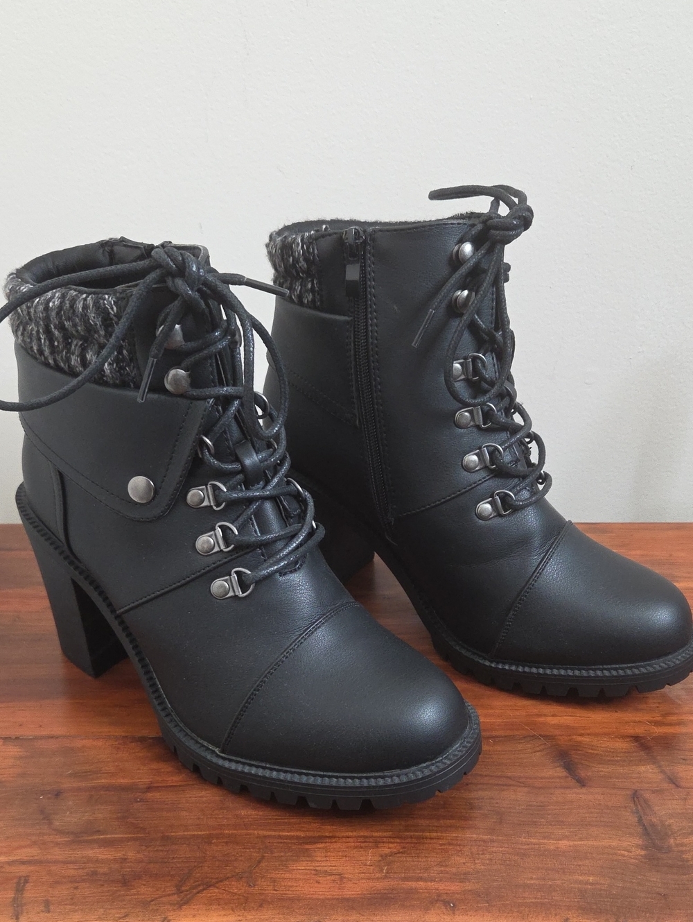 torrid Black Lace-Up Heeled Ankle Boots with Knit Collar